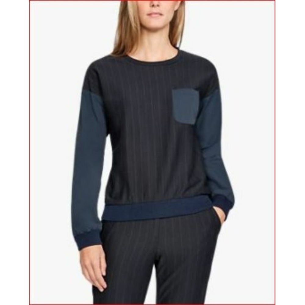 Under Armour Sportswear Womens Pinstripe Crewneck Top Navy Grey 1323201 Size S